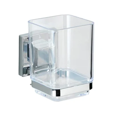 Immagine di Wenko Portaspazzolino Vacuum Loc Quadro, Senza Trapano, per Il Bagno, Supporto da Parete in Acciaio Inox con Bicchiere plastica Trasparente, 7,5x10x10cm