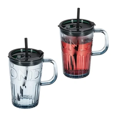 Immagine di Relaxdays Set da 2 Tazze per Bevande, Bicchieri in Vetro Frullati, con Coperchio Cannuccia e Manico, 450 ml, Grigio, 13 x 8.5 cm