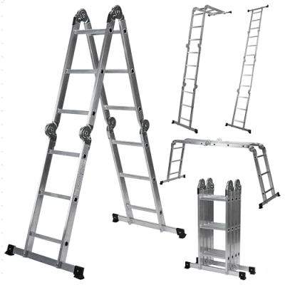 Immagine di hjh OFFICE 801202 Scala multiuso 12 gradini con 2 piastre da ponteggio SOLID W3 articolata in alluminio 345 cm, portata fino a 150 kg, argento