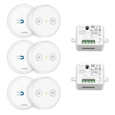 Immagine di Paio Interruttore per Luce Senza Fili, LoraTap 3pz Telecomando RF con 2 Modulo Relè Wireless 10A 2500W, Controllo a Distanza Fino 200m, On/Off Switch Lampade e Elettrodomestici
