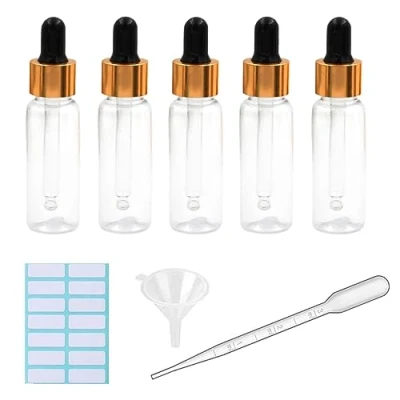 Immagine di 5 flaconi contagocce trasparenti da 20 ml, in plastica, per pipette di olio essenziale, ricaricabili, con pipetta misurata, imbuto ed etichette (nero + tappo oro)