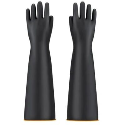 Immagine di YIOIY guanti resistenti agli agenti chimici, in gomma resistente, protettivi industriali, riutilizzabili, a forti acidi, alcali e olio (Arancio Interno, 55CM)