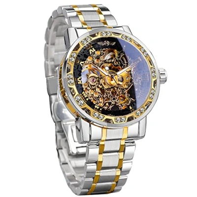Immagine di Winner Orologio da polso meccanico retrò, con diamante e intaglio, uomo, scheletro, classico, numeri romani, Argento/nero., Stile casual