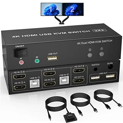Immagine di Dual Monitor Switch KVM HDMI 2 porte, 4K @ 60Hz con display esteso in Out uscita audio microfono e 3 porte USB, PC Tastiera Mouse Switcher