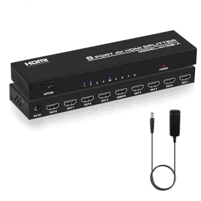 Immagine di TCNEWCL Splitter HDMI 1 in 8 out 4K 30Hz, Sdoppiatore porte Duplicate/Mirror a Max Display, 1x8 per standard 1.4, supporto Full HD, 3D Vision, HDCP