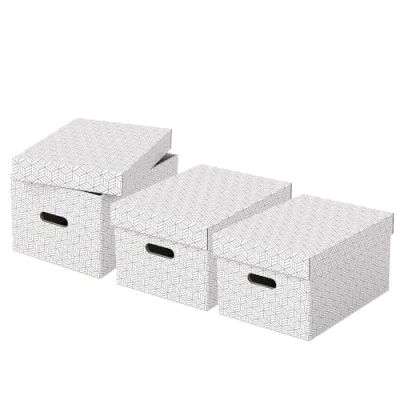 Immagine di Esselte Set di 3 Contenitori Medi con Coperchio in Cartone Riciclato e Riciclabile al 100%, Ottimali per lo Stoccaggio l&#039;Archiviazione, Design Geometrico, 265 mm x 205 365 mm, Bianco