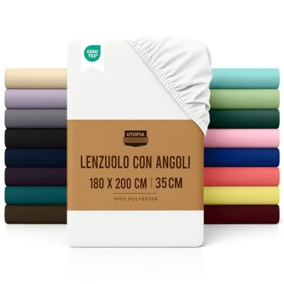 Immagine di Utopia Bedding Lenzuolo con Angoli Due Piazze Matrimoniale 180x200cm Bianco Microfibra di Poliestere Spazzolato Sotto Elasticizzato