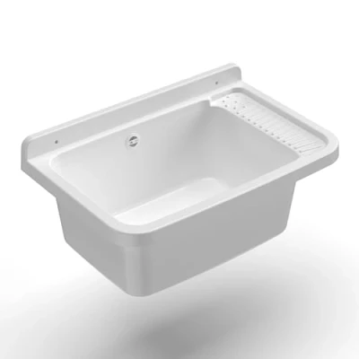 Immagine di Adventa: Vasca lavatoio in resina di PP, fissaggio a Parete, Con Sifone e Piletta, Resistente agli acidi uso comune, Lavanderia, Garage, Esterno, 57L x 36.5P 16H cm, Bianco