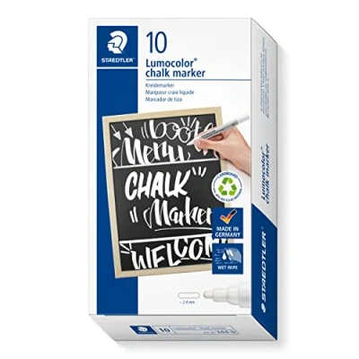 Immagine di Staedtler Pennarello a gesso Lumocolor, bianco, coprente su superfici lisce, lavabile con umido, punta tonda, larghezza linea circa 2,4 mm, inodore, base d&#039;acqua, 10 pennarelli chalk, 344 0