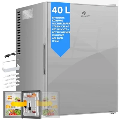 Immagine di KESSER® Minifrigo, Capacità minibar 40 litri, Silenzioso 22db, Camera da letto, Cerniera porta frontale in vetro, circa 4 16C Altezza 57cm, Illuminazione interna, Argento