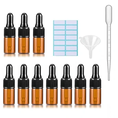 Immagine di 10 flaconi contagocce in vetro ambrato con tappi neri, pipetta misurata, imbuto ed etichette; da 3 ml per di oli essenziali ricaricabili