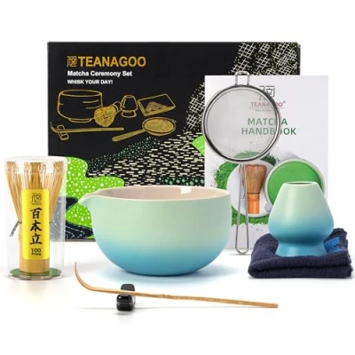 Immagine di Set da tè giapponese (7 pezzi) di fruste per matcha Ciotola con beccuccio Frustino in bambù (chasen) Paletta (chashaku) Porta N31, Blu sfumato