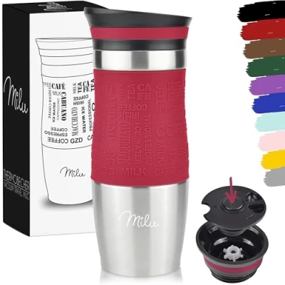Immagine di Milu Tazza Termica da viaggio per caffè 370ml 450ml 100% a Prova di perdite Isolata e tè portare via Caldo freddo (Rosso, 370ml)