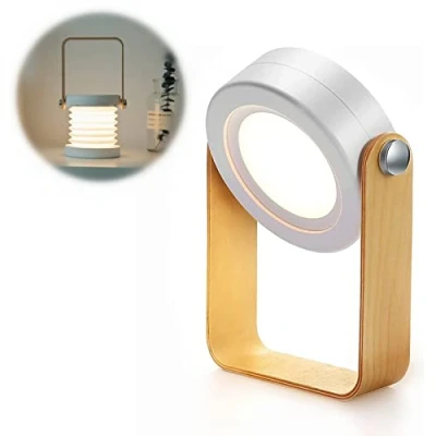 Immagine di ALLOMN Lampada da Tavolo per Scrivania, Lettura Portatile Pieghevole Telescopica a Lanterna in Legno, 3 Livelli Luminosità Dimmerabile, Ricarica USB, Cura Degli Occhi