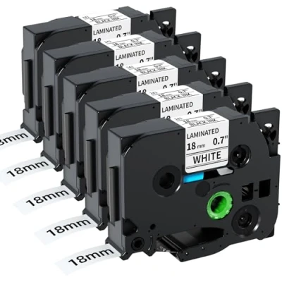 Immagine di Nastro per Etichette Fimax Compatibile In sostituzione di Brother TZe241 Laminato 18mm 0.7 Nero su Bianco TZ Tape P Touch PTD400AD PTD600 PTD400 PT D450 P710BT, confezione da 5