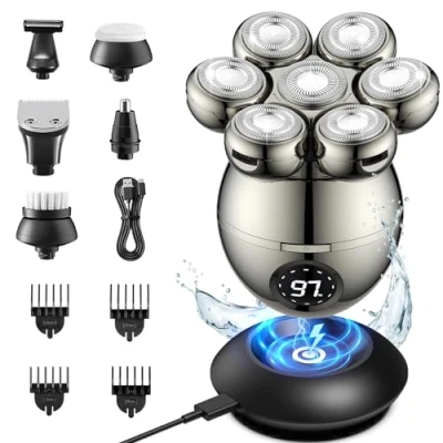 Immagine di ETENTOUS Rasoio Testa Calva, Elettrico Barba 6 in 1 Impermeabile IPX6 con 7 Testine Rotanti, Capelli Uomo a zero Display LED tagliacapelli elettrico, per Naso Orecchie Corpo Viso