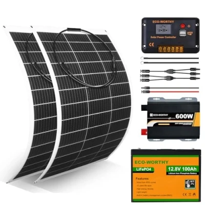 Immagine di ECO WORTHY 260 W 12 V pannello solare flessibile Kit completo: 2 moduli solari flessibili da 130 + batteria al litio 100 Ah inverter sinusoidale 600 regolatore di carica PWM 30 A