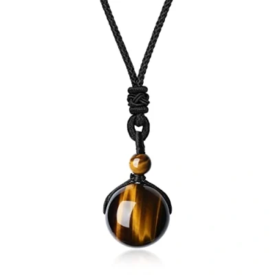 Immagine di COAI Pendente Sfera in Occhio di Tigre Marrone, Collana Regolabile con Ciondolo Pietre Mala per Bilanciamento Reiki