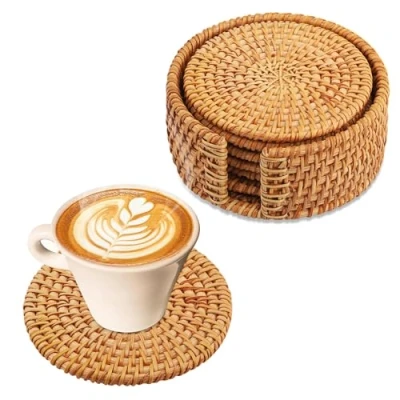 Immagine di Set di sottobicchieri in rattan con supporto da 6 per bicchieri, tazze, bar rotondi sughero bevande Decorativi vetro