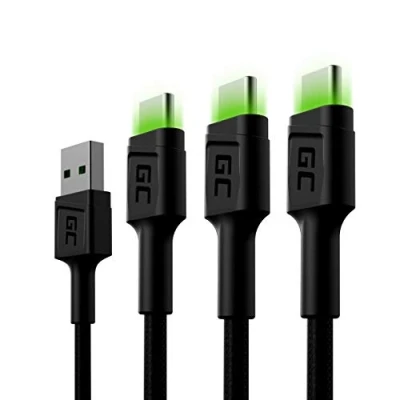Immagine di Green Cell 3x set di cavi USB a C Tipo 2m con illuminazione LED Cavo ricarica nero Compatibile Samsung Galaxy S23 S22 S21 S20 Ultra S10 S9 S8+ Note 20 10 9 8 Telefoni Android