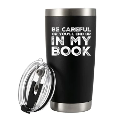 Immagine di Panvola Be Careful Or You&#039;ll End Up in My Book Writer Tazza acciaio inox con coperchio rimovibile e cannuccia, 590 ml, colore: Nero