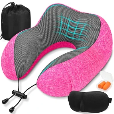 Immagine di SOMLAW Cuscino da Viaggio, Collo Memory Foam, Cervicale Ufficio Ergonomico Portatile, con Maschera per Dormir, Tappi auricolari, Borsa, Perfetto Aereo, Auto e Treno (Rosa)