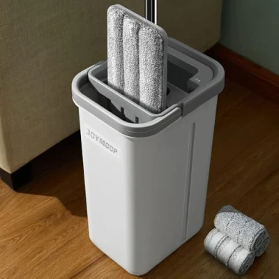 Immagine di JOYMOOP mocio e secchio con strizzatore, piatto per mani libere, 3 panni in microfibra lavabili, uso bagnato asciutto, sistema di pulizia del pavimento