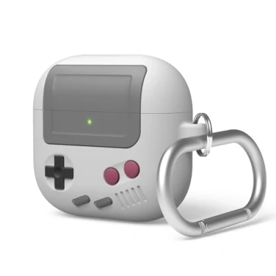 Immagine di elago AW5 Compatibile con Cover per AirPods 4 (2024) Custodia Apple 4, Design Classico di Console Gioco Portatile Retrò, Moschettone Incluso (Grigio Chiaro)