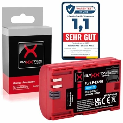 Immagine di Baxxtar MaxProtect LP E6NH batteria ricaricabile (2400mAh) con sensore NTC attivo e Alloggiamento protettiva V1 compatibile Canon R5 R5c R6 R6II R7 ecc.