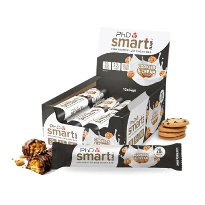 Immagine di PhD Nutrition Smart Bar Barretta proteica 12x64g Cookies &amp; Cream Protein con fino a 22g di proteine e poco zucchero, Adatta una dieta macro