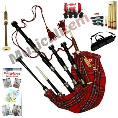 Immagine di Scottish Bagpipe palissandro Royal Stewart tartan nero con finitura in argento, mounts free tutor libro borsa da trasporto