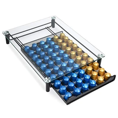 Immagine di Navaris Cassetto Porta Cialde caffè Contenitore ca. 60x Capsule Nespresso Portacialde per Macchina Espresso con Ripiano in Vetro Portacapsule