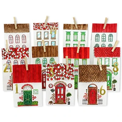 Immagine di PaPIerDraCHeN Calendario dell&#039;Avvento Fai da Te in Carta Kraft Case colorare con 24 Sacchetti di Bianca Stampata e riempire Soli Natale 2021