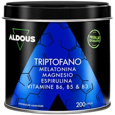 Immagine di Triptofano con Melatonina e Magnesio + Vitamina B6, B5, B3 Spirulina Scorta di +6 Mesi Integratore Forte Massima Dose per Dormire Bene, Rilassarsi Sonno