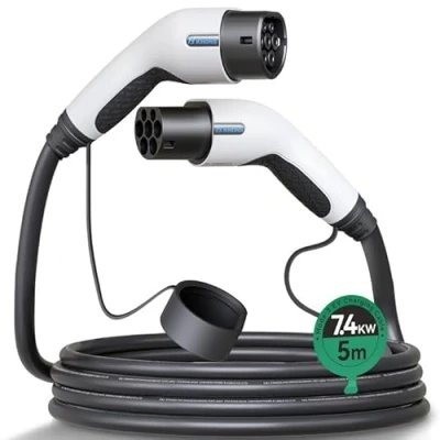 Immagine di Miracle EV Connctor Cavo Ricarica Auto Elettrica Tipo 2, modalità 3 / 32A 7.4 KW 1 Fase 5 Metri, 2 di Compatibili con Quasi Tutte Elettriche e Ibride（Bianco）