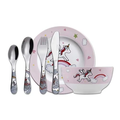 Immagine di Exzact Posate Regalo 6 Pezzi in Acciaio Inox/Bambini Set da Tavola 1x Scodella, Piatto, Coltello, Forchetta, Cucchiaino, Cucchiaio Unicorno