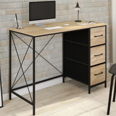 Immagine di Scrivania in tessuto a 3 cassetti UTAH legno e nero, design industriale IDMarket