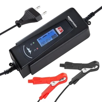 Immagine di Amazon Basics Caricabatterie automatico intelligente con funzione tester batteria, presa EU, uscita: 2A/4A, 6V/12V CC, Nero