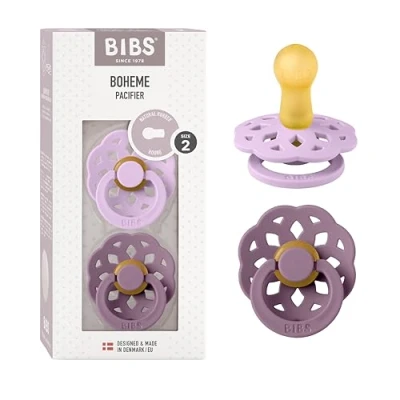 Immagine di BIBS Boheme Ciuccio confezione da 2 pezzi. Privo di BPA., Tettarella tonda. Lattice gomma naturale, Prodotto in Danimarca, Taglia (6 18 mesi), Violet Sky/Mauve