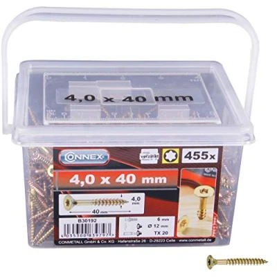 Immagine di Connex viti universali 4,0 x 40 mm 455 pezzi nel set testa svasata attacco TX filettatura parziale giallo zincato/set di viti/secchio / B30192