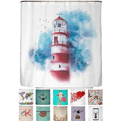 Immagine di arteneur® Tenda da doccia antimuffa, 180 x 200 cm, materiale riciclato Öko Tex Standard 100, orlo zavorrato, non trasparente, impermeabile, lavabile, con 12 anelli ed e book, motivo: faro
