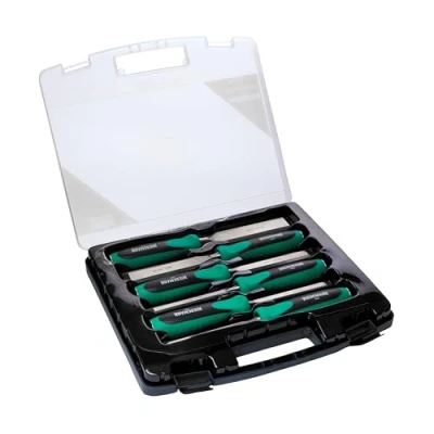 Immagine di Set di 6 scalpelli da legno in acciaio Q50 inossidabile 6, 10, 12, 18, 25, 32 mm con pratica valigetta WIESEMANN 1893 I serie ENSURE 81284