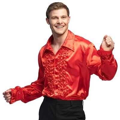 Immagine di Boland camicia da discoteca con volant, rossa, per uomo, costume, festa, anni &#039;70, festa a tema, carnevale