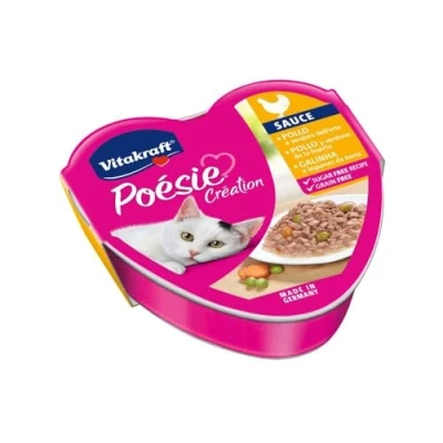 Immagine di Vitakraft Poésie Création, pollo e verdure dell&#039;orto, in salsa, alimento umido gatto, per gatti adulti, senza l&#039;aggiunta di zuccheri cereali (15x 85g) Poésie® con dell&#039;orto salsa