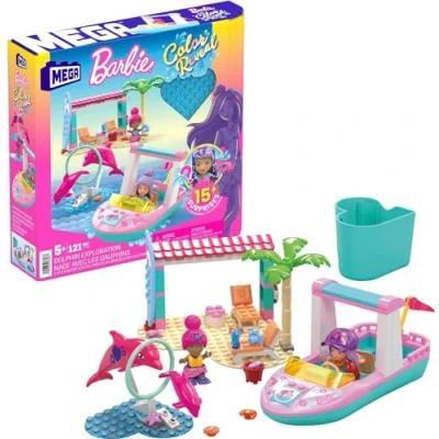 Immagine di Mega Barbie Color Reveal Amici Delfini, Set di Costruzioni con Oltre 10 Sorprese, 2 Mini Bambole e Regalo, Giocattolo per Bambini 5+ Anni, HHW83