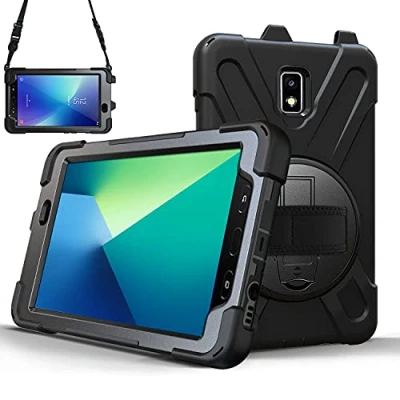 Immagine di TECHGEAR X Case Custodia per Samsung Galaxy Tab Active 2 da 8&quot; (SM T390/SM T395), resistente, antiurto, con supporto girevole a 360, cinturino polso e tracolla, colore nero
