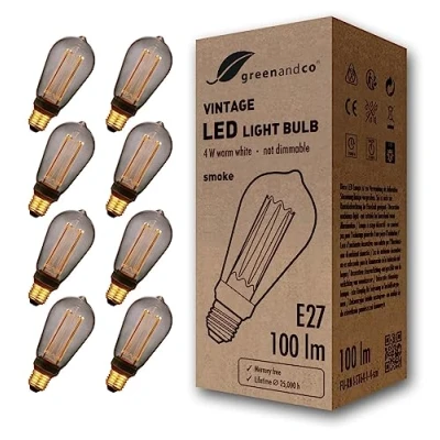 Immagine di greenandco 8x lampadina a LED di design vintage in stile retrò E27 ST64 4W 100lm 1800K 320 230V, grigio fumo, nessun sfarfallio, non dimmerabile