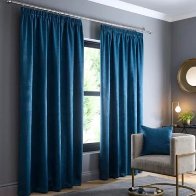 Immagine di Fusion Tende color foglia di tè 168 x 183 cm (larghezza lunghezza) 100% cotone 2 pannelli plissettate in blu insonorizzate e termiche per camera da letto