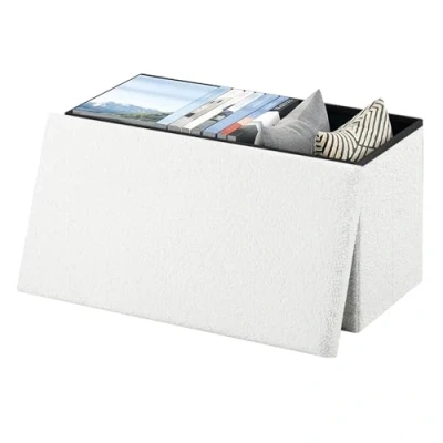 Immagine di eSituro Pouf Contenitore Rettangolare, Panca Portaoggetti con Coperchio Rimovibile, Cassapanca Pieghevole da Interno per Camera Letto, Poggiapiedi in Pile, Bianco, 76x38x37cm