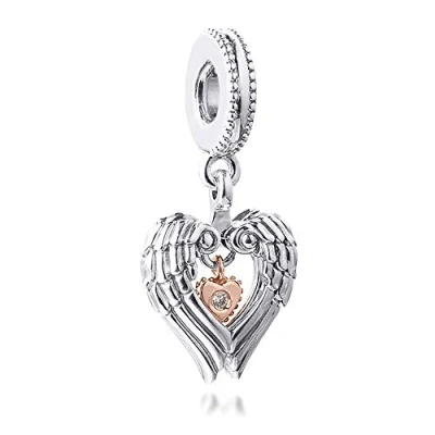 Immagine di PANDOCCI 2021 Ciondolo a forma di ali d&#039;angelo e cuore, in argento 925, adatto per braccialetti Pandora originali